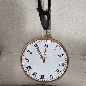 Vintage Style Roman Numerals Ornament Tin Clock Metal Gold  Black Ribbon 4.6"